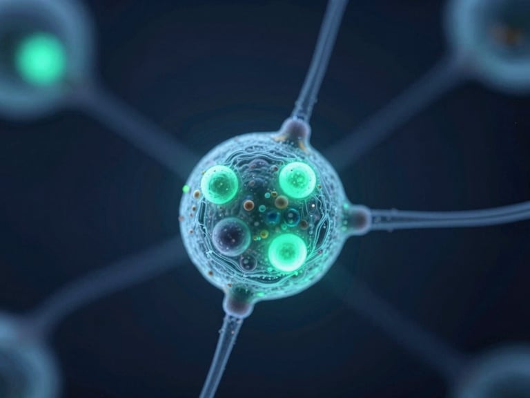 Extreme close-up microscopic capture of induced pluripotent stem cells, bioluminescent teal markers glowing under laser excitation, dark scientific photography, 35mm