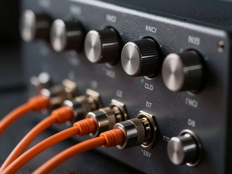 Close-up macro shot of professional analog audio gear, tactile metal dials, patch bays with orange cables, sharp technical photography, dramatic studio lighting