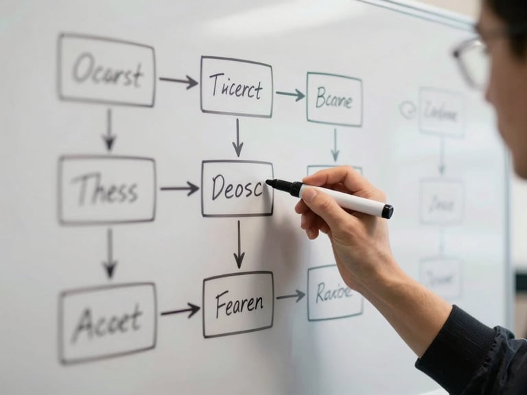 Close-up of a whiteboard covered in organizational system diagrams and handwritten annotations, a hand holding a marker mid-gesture as if in the middle of explaining a process, natural office light, no staged elements