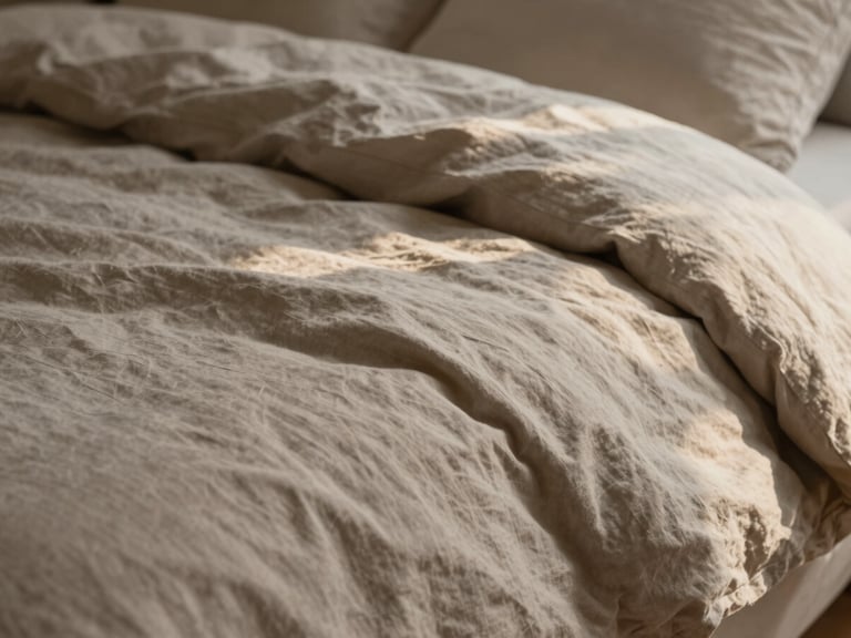 Tactile close-up of soft wrinkled linen bedding, warm morning sun, neutral taupe tones, shallow depth of field, 35mm