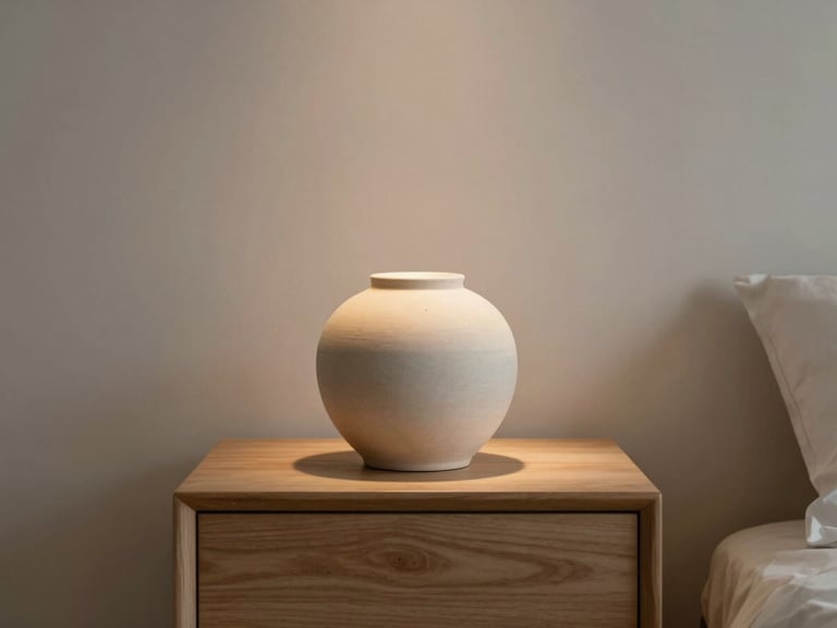 Minimalist bedside table with a warm ceramic lamp, soft evening ambient light, natural wood textures, 35mm