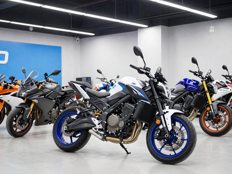 Bright motorcycle showroom with new models on display, clean studio lighting, electric blue accents, eye-level shot