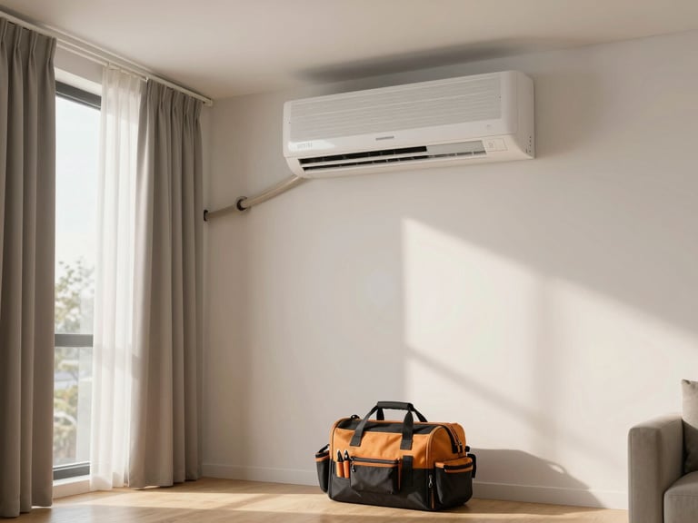 Wide environmental shot of a repaired air conditioning unit mounted on a living room wall, technician's tool bag zipped and resting on the floor below, natural afternoon light through curtains, space looking tidy after the repair