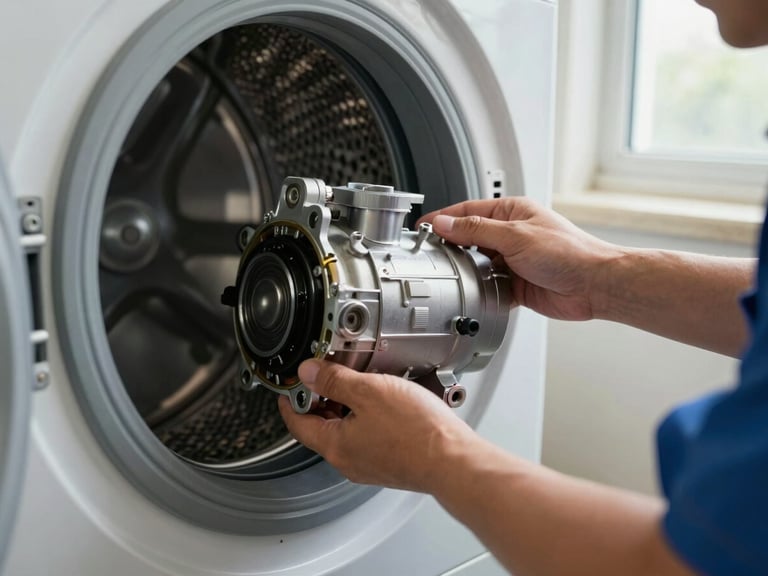 Technician hands holding a faulty compressor part next to an open washing machine drum inside a home laundry room, shop lighting supplemented by window daylight, medium close-up shot