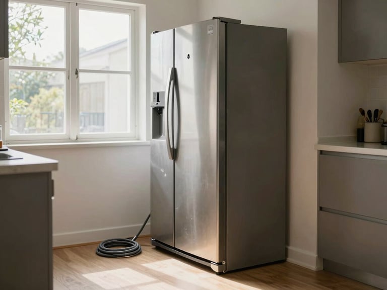 Wide environmental shot inside a home kitchen after refrigerator repair, the appliance door closed and upright, a neatly coiled power cable on the floor beside it, natural afternoon daylight through the window, no people — the repaired space at rest