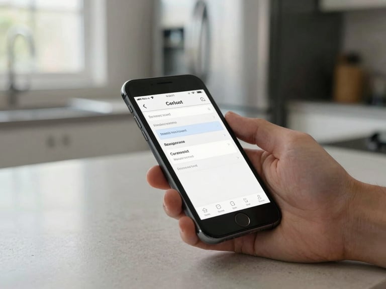 Close-up of a hand holding a smartphone showing a service request form, resting on a kitchen counter with an out-of-focus refrigerator in the background, natural daylight through a nearby window