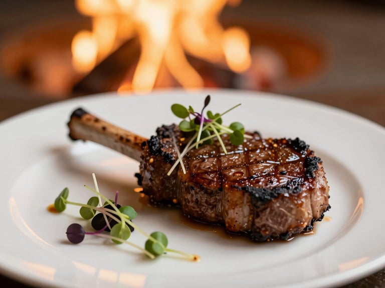 Close-up of elegantly plated roasted ribeye with microgreens, warm natural firelight, shallow depth of field, 35mm