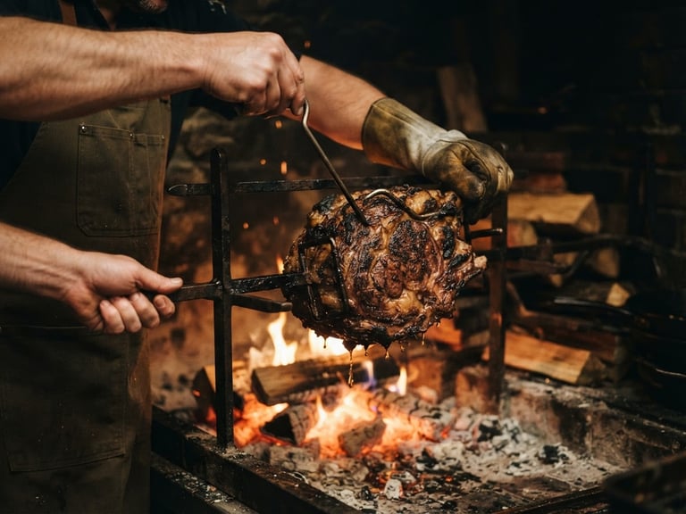 Hands of a professional chef adjusting a large prime rib on a traditional iron cross over slow-burning wood embers, warm glowing embers, dark background, cinematic lighting, 35mm.