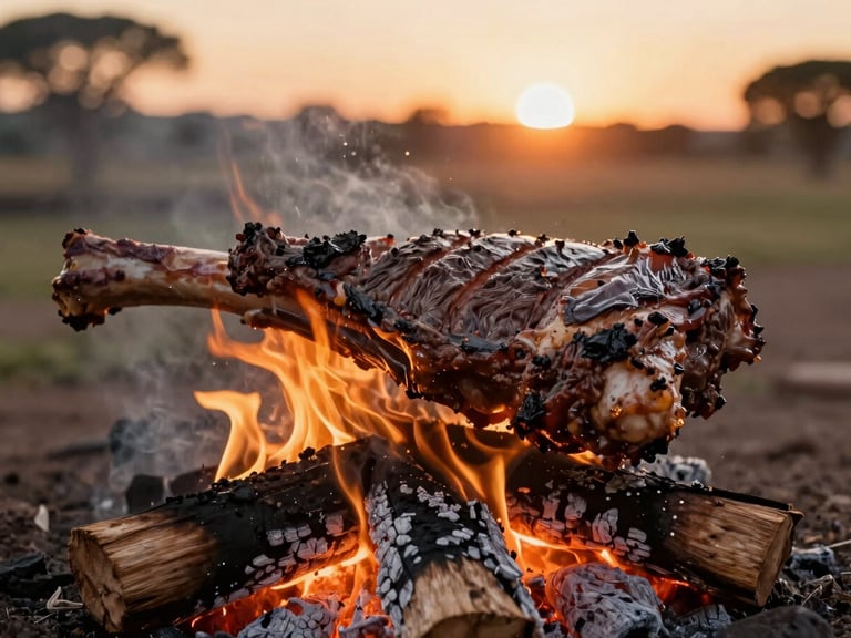 Traditional asado a la cruz with whole sides of beef roasting slowly over open wood fire embers, outdoor sunset light, 35mm
