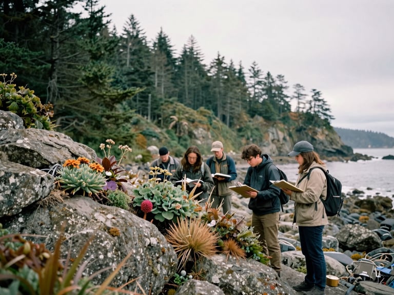 A team member with a clipboard and field guide examining native plants on a rocky Pacific Northwest coastline under soft overcast light.