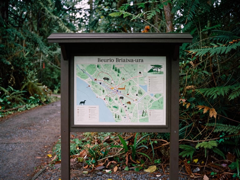 A newly installed, weather-resistant wayside exhibit panel featuring a map and local wildlife illustration, set along a forested trail in the Pacific Northwest, with soft daylight.