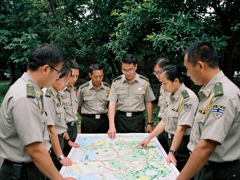 A group of park rangers in uniform participating in an outdoor training session, gathered around a large map on a table, with a trainer pointing to a feature, under soft daylight.
