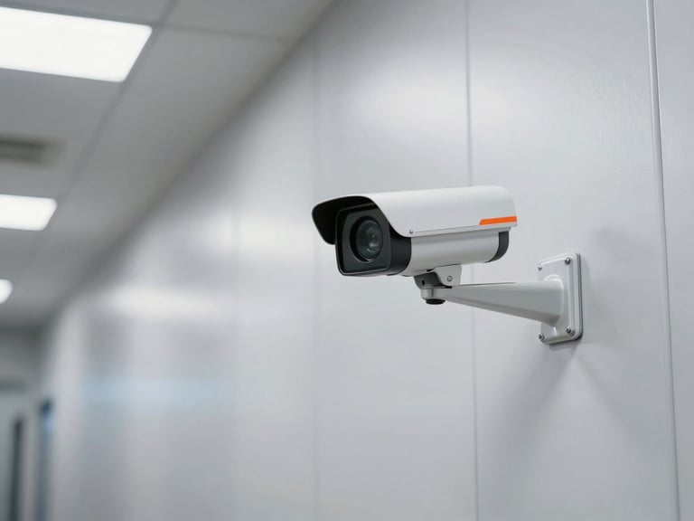 Security camera mounted on a clean industrial wall in a storage corridor, bright even overhead lighting, high-contrast metallic tones, sharp focus, 24mm