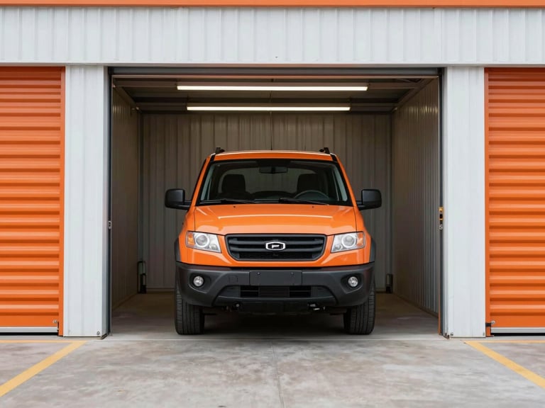 Wide shot of a vehicle parked directly in front of a storage unit entrance, clean industrial photography, bright even overhead lighting, sharp focus, 24mm