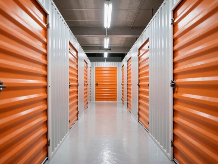 Symmetrical wide shot of a clean, well-lit storage unit corridor, bright even overhead industrial lighting, no dark corners, sharp focus, 24mm