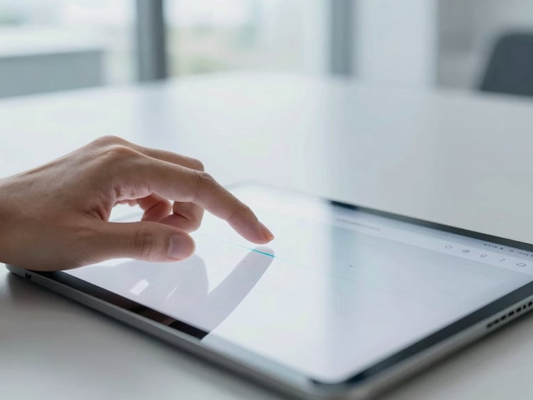 Tight macro shot of professional hands interacting with a clean dashboard interface on a tablet, bright natural office daylight, cool slate tones.