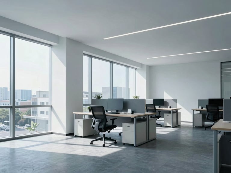 Wide architectural shot of a bright modern minimalist workspace with cool blue and slate tones, natural office daylight streaming through large windows, sharp focus, 35mm lens