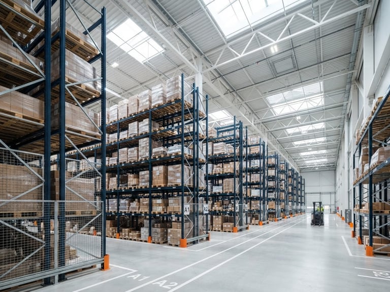 Wide-angle architectural view of a clean, modern warehouse racking system, cool blue and steel tones, daylight streaming through skylights, crisp depth of field.
