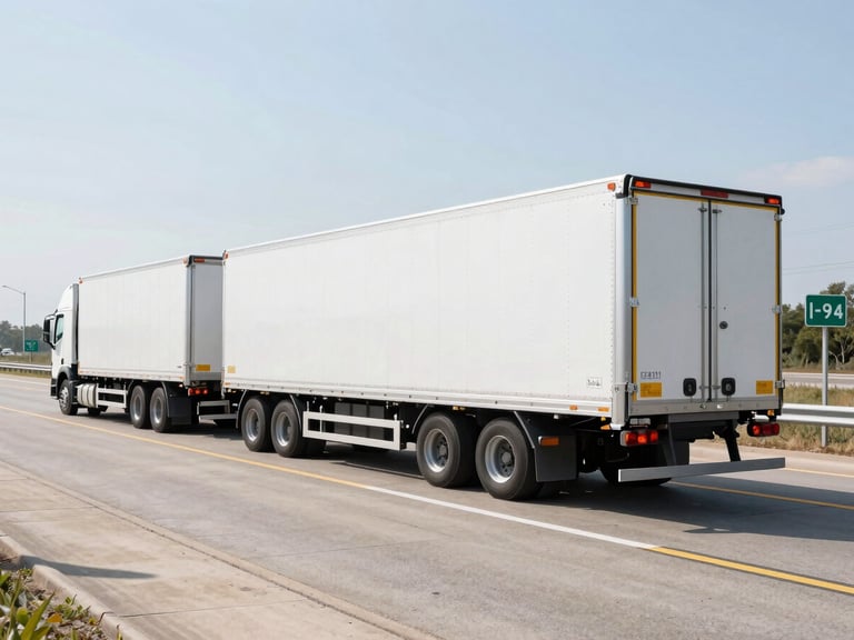Modern multi-car transport carrier on a clean highway, bright daylight, wide-angle environmental shot, I-94 sign visible in background