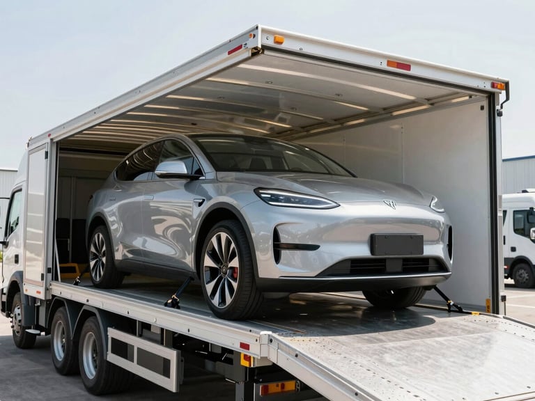 High-end vehicle being carefully loaded onto an enclosed trailer, professional studio lighting, medium close-up of secure tie-downs