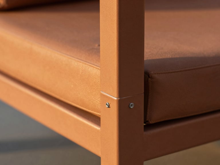 Macro detail shot of a flawless welded joint on a terracotta-colored aluminum outdoor sofa frame, warm golden hour light highlighting the subtle texture of the electrostatic paint, shallow depth of field.
