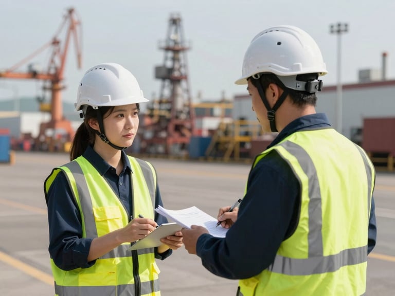 A professional safety engineer wearing a white helmet and high-visibility vest conducting a practical NR safety training session near an industrial port facility, bright natural daylight, technical focus.
