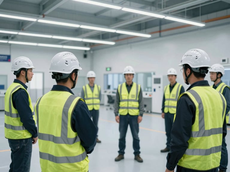 Wide shot of professional workers in clean high-visibility vests and white helmets during a practical safety training session inside a modern, bright industrial facility, cool clinical light.