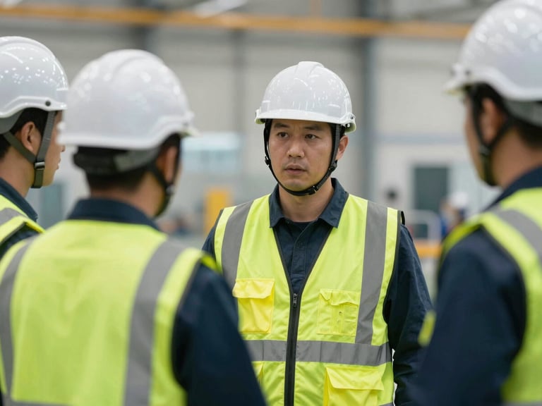 Industrial safety officer in clean high-vis vest and protective helmet conducting a structured safety training session in a modern facility.
