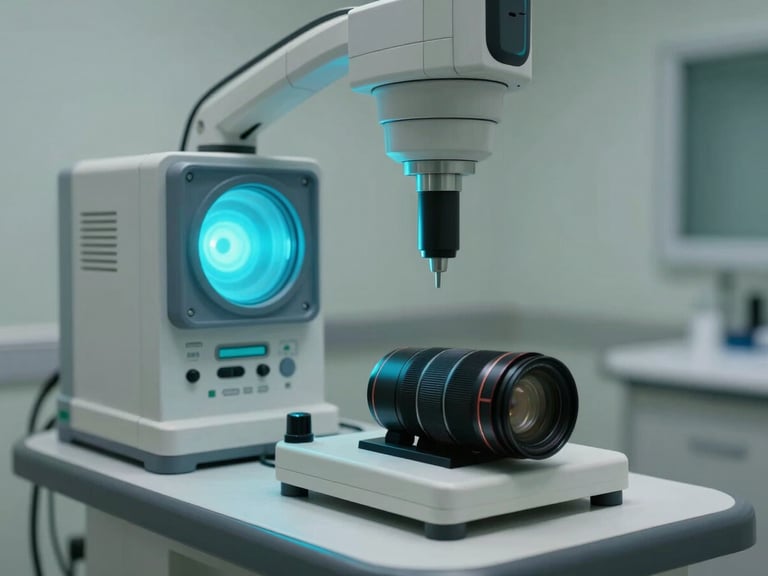 Close-up of a modern clinical audiometry booth, technical equipment with sharp cyan lights, clean cool clinical environment.