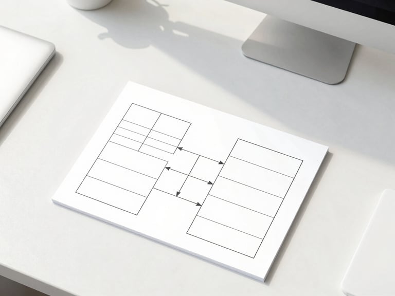 Minimalist desk layout with structured paper workflow diagram, clean overhead shot, bright corporate daylight, soft shadows