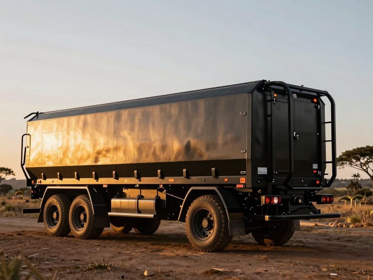 Dramatic environmental shot of a custom multi-purpose livestock trailer parked on an elite South African estate, golden hour side light highlighting the robust dual-axle configuration.