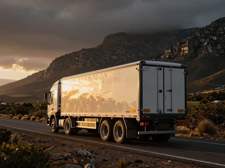 Wide environmental shot of a triple-axle horse trailer navigating a scenic pass in the Western Cape, dramatic low-angle golden hour light.