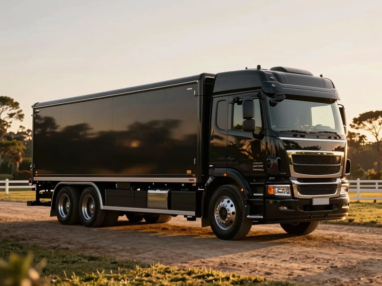 Dramatic automotive photography of a luxury custom horse truck parked in a pristine Kyalami equestrian estate during golden hour, side-lit, deep blacks and warm gold tones