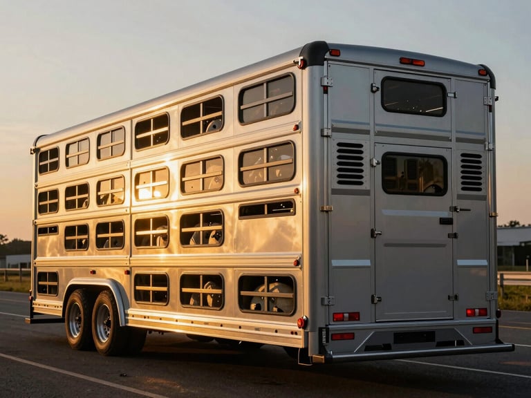 High-end commercial photo of a multi-tier sheep transport trailer at sunset, warm gold tones highlighting the custom ventilation slots and clean aluminum partitions, sharp commercial lens.