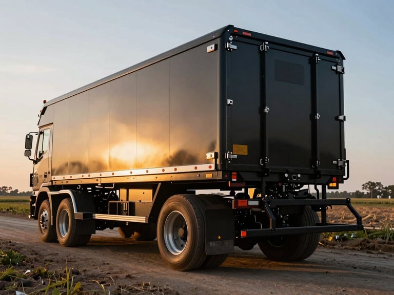 Dramatic side-lit commercial photograph of a rugged double-deck cattle trailer in a pristine agricultural setting, low-angle golden hour light highlighting the heavy-duty ramp hinges and steel chassis.