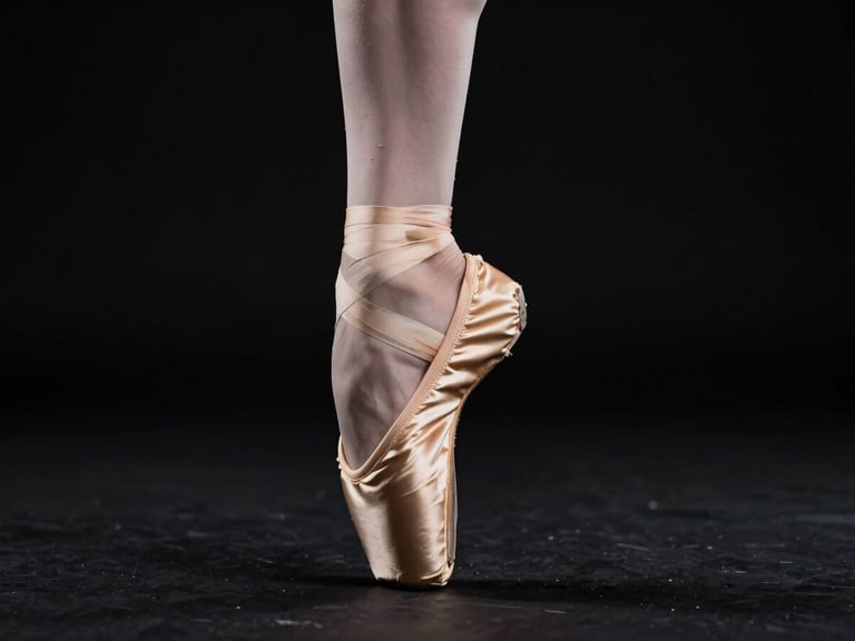 High-contrast studio photograph of a pointe shoe undergoing mechanical stress analysis, soft dramatic side-lighting, deep black background, focusing on the flexed sole and gold detailing, 85mm lens