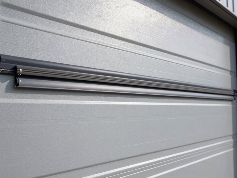 Tight close-up of a modern insulated steel garage door panel, showing the weather-stripping and metallic finish, crisp industrial photography.