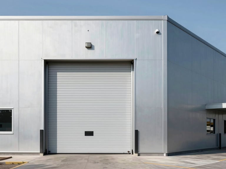 Architectural shot of a modern commercial bay with an industrial rolling steel door, clean lines, high-contrast daylight.