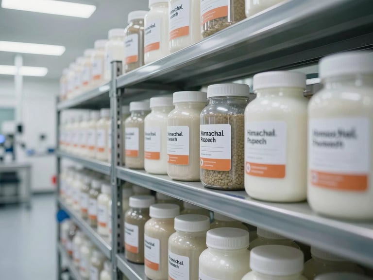 Close-up wide shot of an organized pharmaceutical manufacturing facility stockroom in Himachal Pradesh — rows of labeled ingredient containers on stainless steel shelving, clean white walls, bright overhead lighting, no people, no text visible