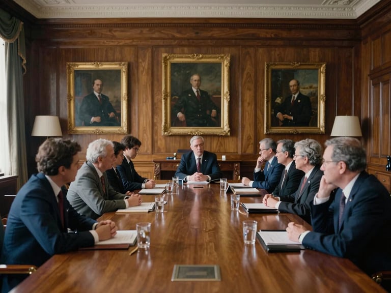 Wide environmental shot of a high-level diplomatic roundtable in a soft-lit wood-paneled room in Washington D.C., historic portraits on the wall, participants in deep thought, editorial film photography, soft natural window light, deep navy and warm gold tones, cinematic, 35mm lens.