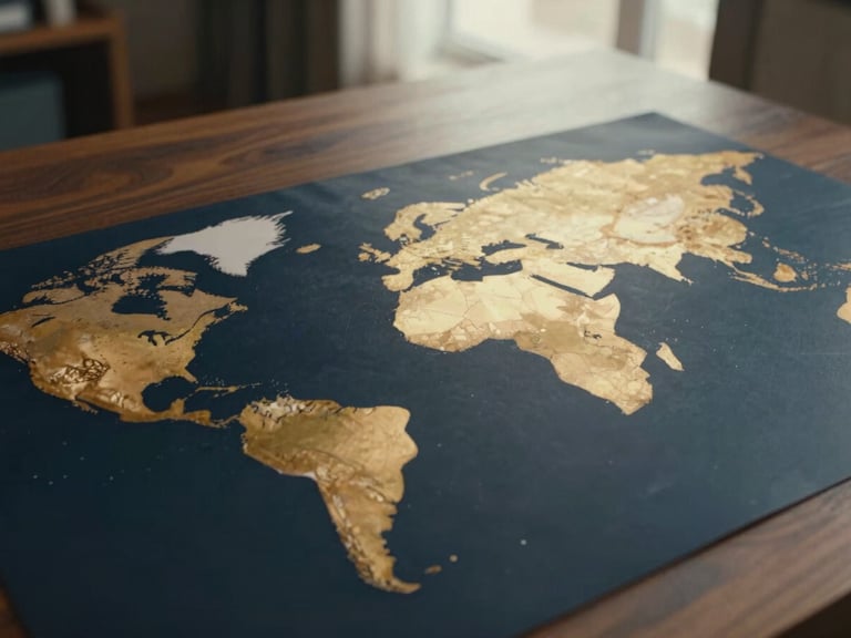 Close-up of a modern abstract global map laid out on a dark wooden table, soft warm interior lighting, cinematic editorial film photography, 35mm lens