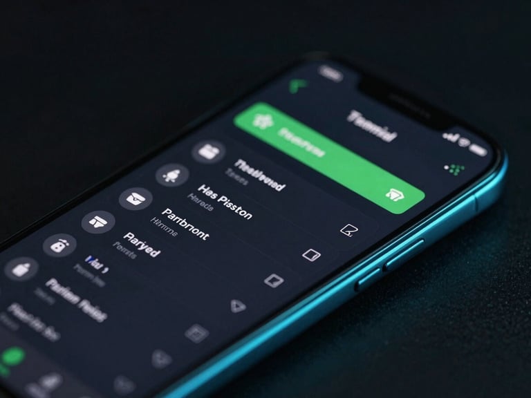 Close-up of an Android phone displaying a clean task manager app interface in dark mode, green accents, isometric device mockup, moody studio lighting, neon edge highlights.