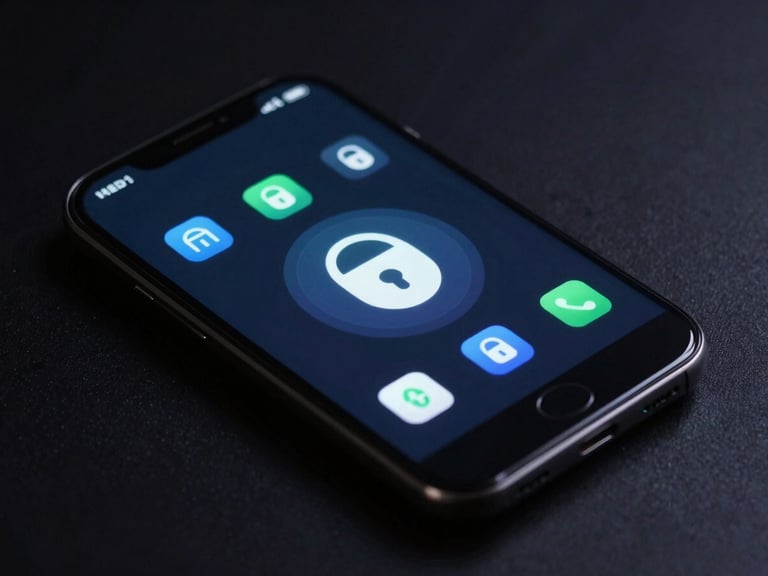 Isometric view of an Android phone showing a file vault app with abstract security icons, blue accents, sharp angles, dark mode UI, moody studio lighting.