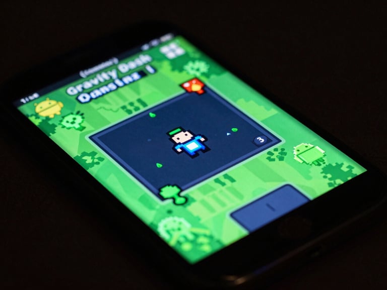 Macro shot of an Android phone screen displaying a vibrant pixel-art casual game 'Gravity Dash' in action, green and blue neon highlights, dark background.