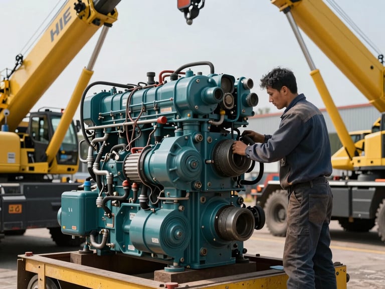 Mechanic actively repairing a HIAB crane engine on an industrial site, tools scattered, high contrast, dark turquoise and yellow accents, 35mm lens.
