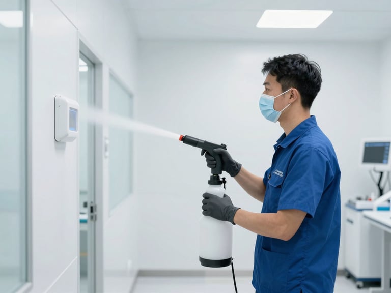 Clean, modern facility interior with a technician performing routine preventative sanitization, electrostatic spraying equipment visible, bright high-key clinical light, sharp focus, realistic documentary style, 35mm
