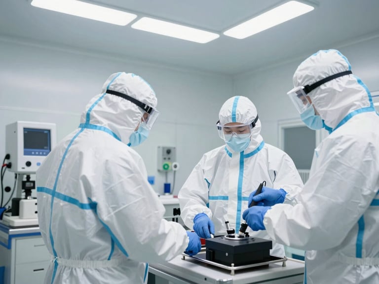 Team of certified technicians in full protective gear performing biohazard remediation in a sterile facility, specialized equipment, bright high-key clinical light, sharp focus, realistic documentary style, 35mm