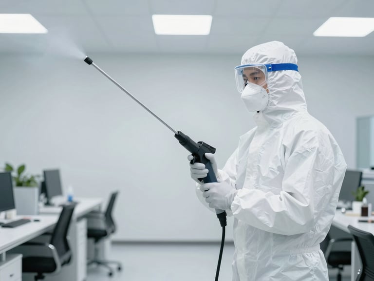 Certified technician in full PPE operating an electrostatic sprayer in a clean, modern office interior, bright high-key clinical light, sharp focus, realistic documentary style, 35mm