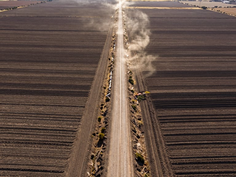 Wide-angle drone shot of perfectly graded agricultural roads cutting through rustic Mexican land, high-contrast sunlight, dust-lit environment