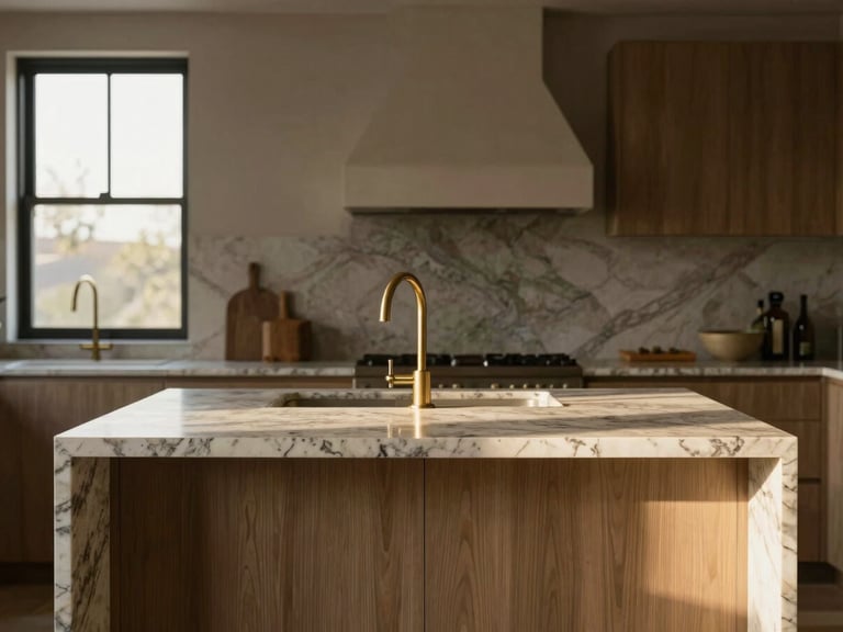 Straight-on architectural elevation of a kitchen island with veined quartzite, warm afternoon sun, brushed brass details, 35mm lens
